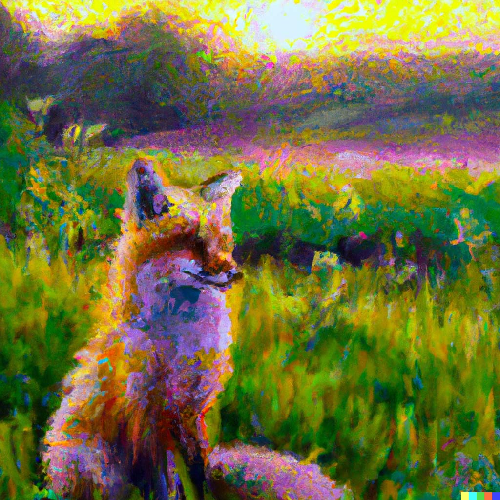 A painting of a fox sitting in a field at sunrise in the style of Claude Monet